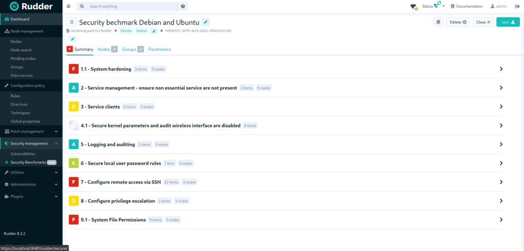 Screenshot view from Rudder 8.2 new solution : Policy and benchmark compliance